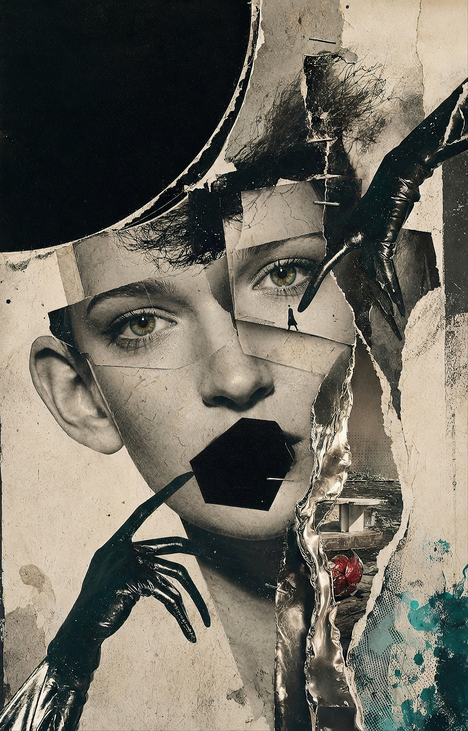 Torn-paper collage of a face assembled from cut fragments, a black hexagon across the mouth and gloved hands reaching in — by Hamudi Leon
